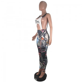 ANJAMANOR Fashion Graffiti Print Sexy Bodycon Jumpsuit Buckle Hollow Out Backless Overalls for Women Club Outfits D91-AC63